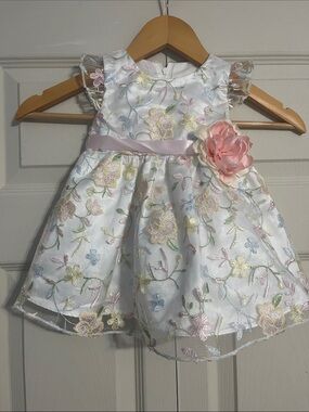 Rare Editions White Floral Embroidered Dress with Pink Sash and Flower